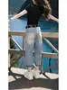Jeans estilo dad rasgados desgastados estilo americano para mujer, modelo delgado de verano, nuevo estilo 2026, pantalones rectos cropped de cintura alta para personas petite