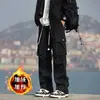 Pantalones Casuales de Trabajo Estilo Americano 2024 para Hombre Estilo Forro Polar Pantalones Rectos Bolsillo Grande Pantalones con Cordón High Street