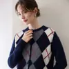 Cardigan de Tricô Color Block Patchwork Diamante Retrô Cashmere Feminino Outono Inverno Estilo College Suéter Versátil Casaco de Lã Solto