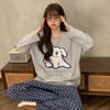 Pijama Feminina de Algodão Estampada de Desenho Animado Fofa de Primavera e Outono, Conjunto de Roupa de Casa com Calças de Manga Comprida, Pode Ser Usado Fora