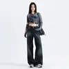 Jeans Anchos Azules Oscuros Estilo Americano para Mujer, Nuevo Estilo de Verano, Cintura Alta, Corte Holgado, Para Tipo de Cuerpo Pera, Pantalones Rectos Fluidos de Largo Hasta el Suelo