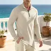 Nova camiseta masculina de manga comprida europeia e americana, cardigã com zíper parcial, top casual para férias, masculina, elástica, canelada, slim fit