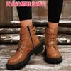 Em Estoque 2025 Comércio Exterior Bico Redondo Fivela de Cinto com Tachas Salto Quadrado Pu Botas Curtas Europeias e Americanas para Mulheres, Outono e Inverno Novas Botas Femininas com Zíper Lateral