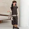 Conjunto de 3 piezas para niña Otoño 2026 Nuevo Estilo Coreano Chaleco con Capucha de Encaje Conjunto de Otoño con Pantalones de Pierna Ancha y Pantalones Largos