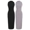 2633-26 Colección Otoño Amapola Cuello Alto Fruncido Lateral Espalda Descubierta Sin Mangas Vestido Largo Corte Ajustado que se Adapta a la Cadera
