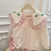 Primavera e Outono das meninas nova camisa de manga comprida camisa bebê meninas moda bordado pequena flor estilo ocidental colar de boneca algodão puro