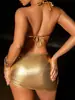 Bikini Personalizado Modelo Nuevo 2026 para Comercio Exterior, Atractivo Traje de Baño de Dos Piezas Estilo Europeo y Americano, Conjunto de Tres Piezas Transfronterizo, Color Dorado Sólido, Estilo Falda