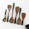 Juego de cuchara pala de madera con mango verde oscuro para ala de pollo Utensilios de cocina antiadherentes para el hogar Cuchara pala de madera de mango largo para saltear Cuchara sopera Juego completo