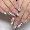 Uñas Postizas Decorativas de Polvo de Espejo Mágico Hecho a Mano con Ondas de Pegamento Estéreo 3D Ojo de Gato Transparente Hielo de Punta Larga Europeo y Americano