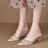 Sandalias y pantuflas de mujer con diamantes de imitación en punta para exterior de verano, estilo hada, con boca de pez, de malla, con punta abierta y tacón fino.