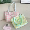 65159 Bolsa de Lona Xadrez Rosa e Branca com Alça Azul Clara, Estilo Casual para Passeio de Estudante, Bolsa de Ombro Artística