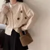 Casaco de malha com flores de design novo, estilo coreano, para outono e inverno, cardigã solto, gola redonda, manga longa, top curto, suéter para mulheres