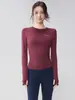 Nuevo Diseño de Funda Protectora para Dedos Ropa de Yoga para Mujer, Camiseta Sencilla de Cuello Redondo Ajustada de Manga Larga para Deportes al Aire Libre, Running y Fitness