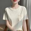 2025 Primavera y Verano Nueva Moda Algodón Manga Corta Camiseta de Mujer Tejido de Punto Cuello Redondo para Mujer con Bolsillo Mismo Estilo Manga Corta