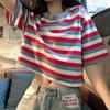 Camiseta listrada de manga curta com estampa de umbigo, design feminino, senso de nicho, cintura alta, top curto, verão 2020, novo