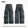 Jeans Oreeta de Estilo Americano High Street Desgastados Teñidos Sucios para Hombres y Mujeres con Múltiples Bolsillos y Diseño de Cinta, Pantalones Holgados de Pierna Ancha