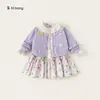 Conjunto de Roupa Infantil Youbao para Meninas: Cardigã de Tricô Roxo e Vestido com Pintura a Óleo Colorida, Conjunto Moderno de Duas Peças para Primavera e Outono