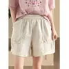 Shorts Casuais Artísticos Minimalistas com Cintura Elástica de Algodão e Linho Verão Novo Versátil Solto com Design de Bolsos Calças Casuais para Mulheres