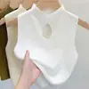 Top sin mangas Principios de otoño Cuello medio alto Corto Calado Tejido Chaleco Vintage Nuevo 2023 Mujer Ajustado Color liso