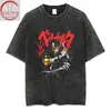 Camiseta Retro Lavada con Agua Pura en Spray Directo Hip-Hop Americano Anime Leyenda de la Espada Algodón Holgado Estampado Verano para Hombre y Mujer Corta