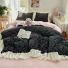 Juego de Cuatro Piezas de Vellón de Coral de Leche Grado A Ropa de Cama para el Hogar Funda Nórdica de Encaje Francés Juego de Tres Piezas Engrosado Cálido de Invierno