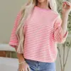 Camiseta de Manga Corta con Cuello Redondo y Rayas de Bloques de Color Amazon Fashion para Mujer, Top Casual de Estilo Perezoso, Versátil, Corto