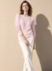 Suéter de cashmere vazado, suéter de malha, pulôver de gola redonda, peça básica elegante, 100% cashmere, suéter de caimento relaxado para mulheres, outono/inverno