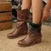 Botines de tacón medio estilo vintage con volantes, nueva colección otoño 2026, talla grande, comercio exterior, tacón grueso, corte en V, botines de moda sin cordones para mujer, talla 43