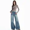 Jeans anchos de pierna recta para mujer, color naranja juvenil, estilo retro americano lavado y desgastado, corte holgado, adelgazantes, ocultan imperfecciones, casuales y versátiles.