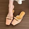Zapatillas de Mitad de Zapato Cuadrado de Satén Francés con Lazo para Mujer, Zapatos Planos de Tacón Bajo