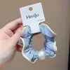 Nueva Mascarilla Suave y Cómoda con Borde de Encaje Azul Sal Marina, Goma para el Cabello Pequeña de Seda de Hielo, Accesorio para el Cabello de Perla Elegante y Sencillo