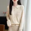 Novo Suéter 100% Lã Outono/Inverno para Mulheres, Cardigã Tricotado com Gola Polo, Manga Longa, Bolso, Padrão Crochê Vazado, Suéter Espessado
