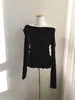 En stock coreana chic temperamento de principios de otoño botón lateral adorno cuello acanalado solapa abertura manga larga camiseta mujer 17639