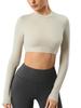 Sin Almohadilla en el Pecho, Ropa de Yoga de Cuello Redondo Alto, Camiseta de Manga Larga, Top Deportivo Corto Fitness para Mujer Color Piel Nude Daw173