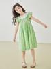 Novo vestido de verão para meninas, algodão puro, doce, super fada, gola de renda, vestido de princesa floral verde