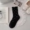 Meias femininas 100% algodão, macias e confortáveis, estampa floral pequena, com babados no tornozelo, acabamento em renda e detalhes em rede, estilo coreano, absorventes de suor, novas meias de algodão, respiráveis