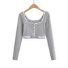 Camiseta de manga larga con cuello en V y estampado de jacquard elástico en contraste de color para mujer de estilo europeo y americano, nueva de verano, C74100