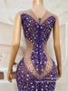 Vestido Transparente Dividido, Perlas Moradas y Pedrería, Disfraz de Fiesta de Cumpleaños, Sin Mangas