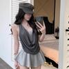 Chaleco de Punto Falso de Dos Piezas con Cuello Oscilante Forma de I con Tirantes para Mujer Verano Delgado Sin Mangas Ropa Exterior Sexy Chic Top de Color Contrastante