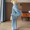 Jeans largo bordado para mulheres, popular em 2026, design fino de cintura alta para primavera/verão que esconde e afina, calça reta floral
