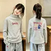 Blusa Base de Pelúcia para Meninas Outono Inverno Nova Roupa Íntima Gola Meio Alta Manga Longa Escovada Listrada Infantil Roupa Íntima Quente