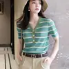 Top de algodón puro con bloques de color y rayas, cuello en V semiabierto, de verano, superventas, corte ajustado, moderno, estilo coreano, versátil, de manga corta para mujer