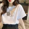 Camiseta de manga corta 100% algodón para mujer, estilo americano, talla grande, corte holgado, nuevo modelo de verano, cuello redondo, camiseta casual blanca, top básico de moda