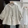 Ropa de Verano 2026 Estilo Japonés Fresca y Juvenil Blusa Casual Artística Holgada con Pliegues de Manga Media para Mujer