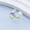 Anillo de Perla de Agua Dulce Natural para Mujer, Camelia Nácar de Alta Gama con Forma de Abanico de Moda de Boca Viva Ajustable Joyería al Por Mayor
