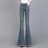 Foto real de jeans flare vintage plus size, novas calças pantalona de cintura alta emagrecedoras para mulheres para outono e inverno