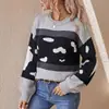 Suéter de Bloco de Cores para Primavera e Outono com Jacquard de Nuvem, Suéter de Tricô Solto com Gola Redonda, Tricô Pulôver Feminino para o Dia a Dia