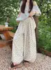 Pantalones florales estilo rústico con ribete de encaje, nuevos pantalones casuales relajados versátiles de pierna ancha holgados cropped para mujer de verano