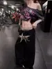 Pantalones de pierna ancha de estilo retro americano con estampado de leopardo y estrellas bordado de cintura alta adelgazantes para mujer, pantalones deportivos casuales con cordón negro para primavera y otoño