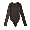 Body de Malla Transparente Patchwork Negro Cuello Semi-Alto Manga Larga Estilo Americano para Mujer, Primavera 2026 Ajustado Favorecedor Top Hot Girl